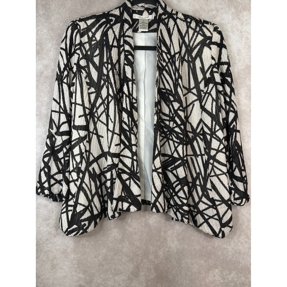 Mona Leah Couture Blazer Womens Small Black White Abstract‎ Open Front Jacket